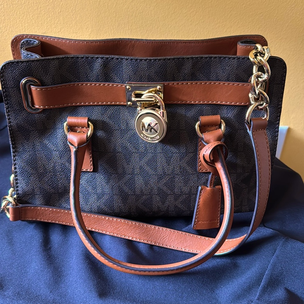 Michael Kors Black and Brown Satchel with Leather Accents